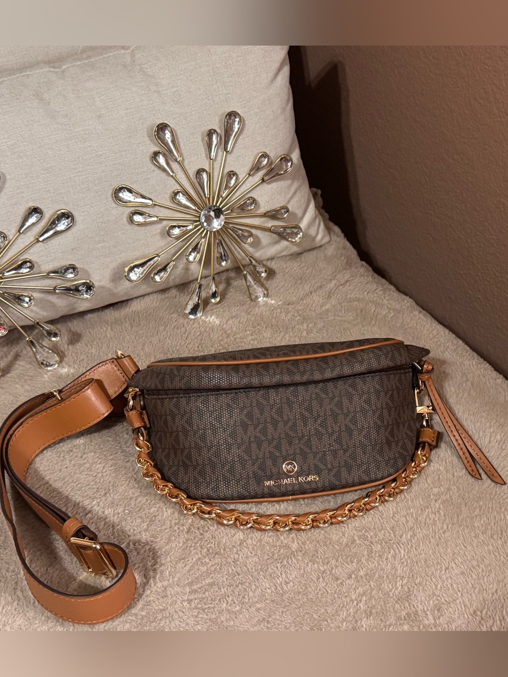 Michael Kors Brown MK Logo Crossbody Belt Bag with Gold Chain - Picture 2 of 2